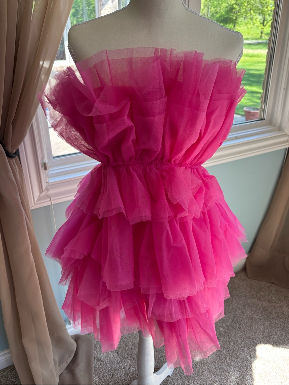 Hot Pink Tulle Ruffle Layered Mini Dress